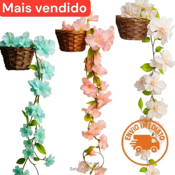 Kit 3 Arranjo Com Folhagem Cerejeira pessegueiro Decorativa Pendente e Vaso Trançado