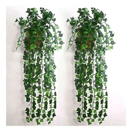 Planta Decorativa + Vaso Trançado Marrom 2 Pendentes Artificial Folhas de Hera