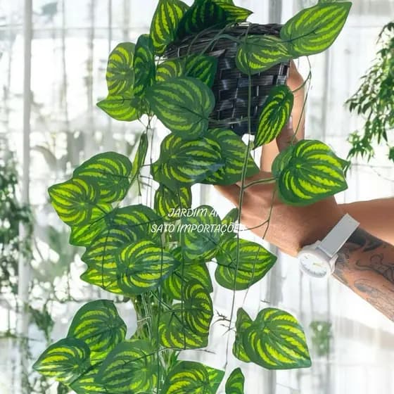 Planta Decorativa Vaso Trançado Marrom + Pendentes Artificial Folhas de Hera