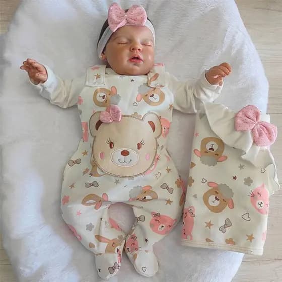 Saída de Maternidade Para Bebê Menina Kids com Bordado de Ursinha Lola Palha - 04 Peças