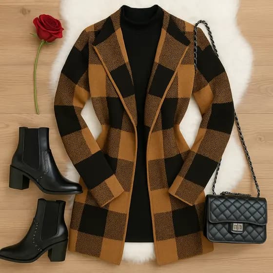 Sobretudo Kimono Xadrez Tricot Grosso Inverno