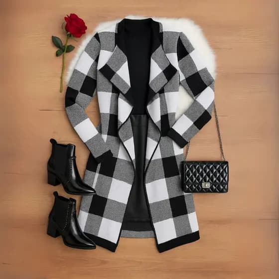 Cardigan Xadrez Casaco Kimono Sobretudo Tricô Moda Inverno Elegante Feminino Frio Lã Boho