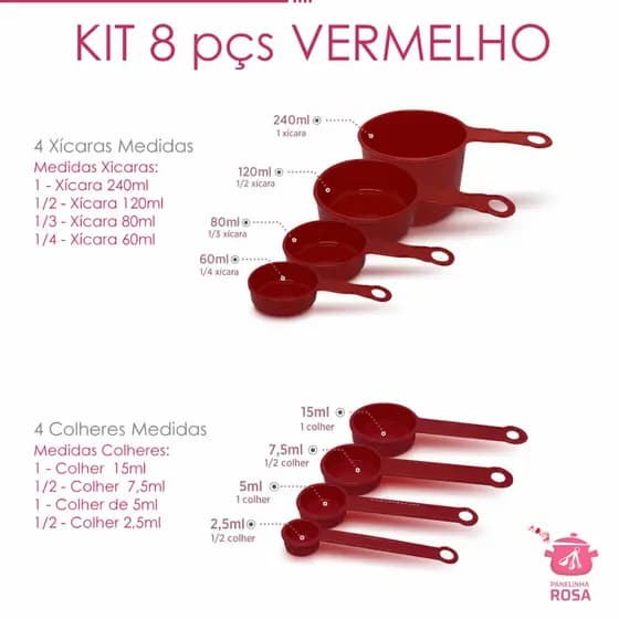 Xicaras e colheres medidas medidores 8 peças - Vermelho - Medidas exatas para suas receitas