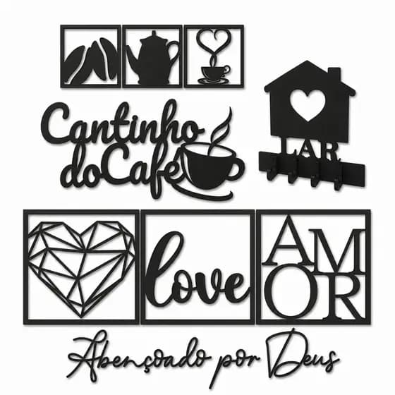 Conjunto Decorativo em MDF Preto - 6 Placas + Letreiros para Cantinho do Café e Amor com Fita 3M