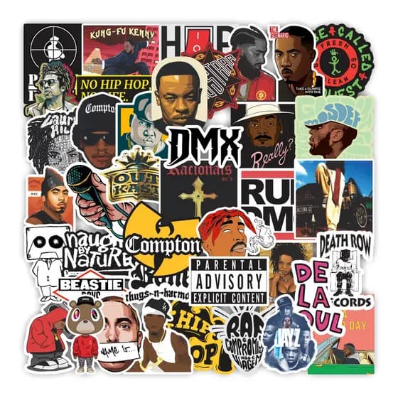 Kit 50 Adesivos Stickers Rap Hip-Hop Tupac Racionais 50 cent Eminem A prova D'Agua Skate Notebook
