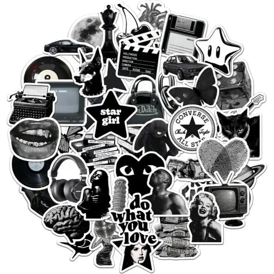 Kit 60 Stickers Pretos Aesthetic para Kindle, Notebook, Adesivos, Scrapbook, Booktok