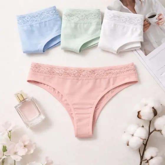 Kit 3 Calcinhas Cintura com Renda Tanga Feminina de Algodão