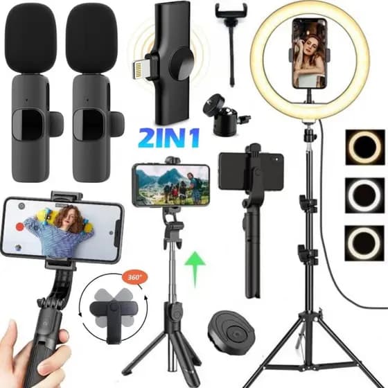 Kit Microfone Duplo Sem Fio Ring Light Luz Led Tripé 2m Bastão Suporte Filmagem No iPhone