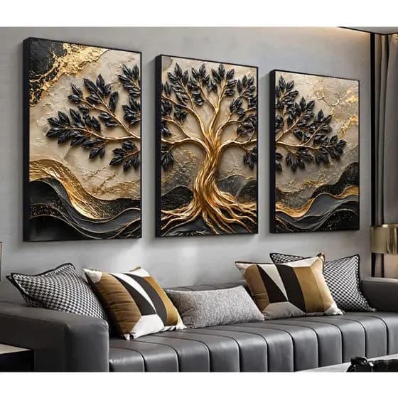 Quadro Decorativo Árvore da Vida Preta e Dourada Gold Arte Traços Delicado 3 Pçs 92x50 cm Grande