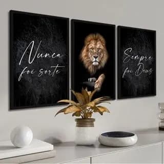 Kit Quadros Decorativos Mosaico 3 Peças Trio Frase Nunca Foi Sorte Sempre Foi Deus Salmo Leão Judá