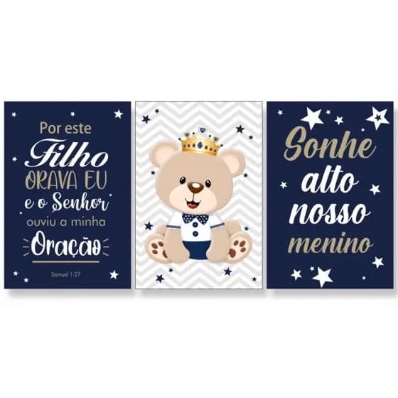 Kit Quadros Decorativos Mosaico 3 Peças Trio Infanti Personalizado Salmo Ursinho Abstrato Desenho