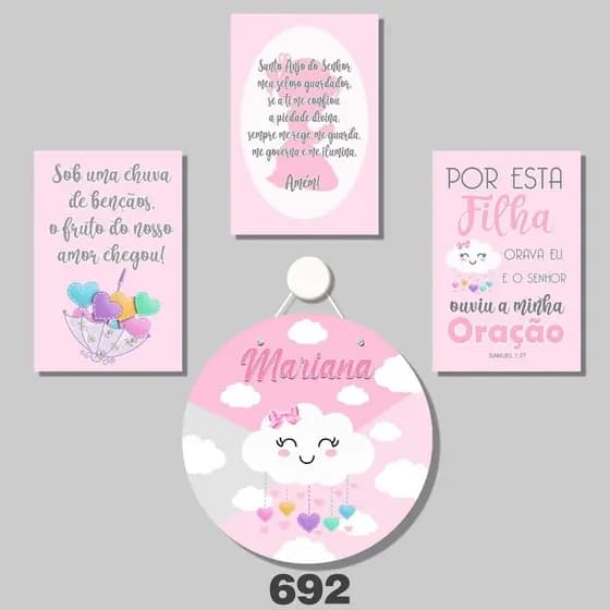 Kit 3 Placas Decorativas + 1 Porta Maternidade Infantil Criança Menina Garota Nome Personalizado