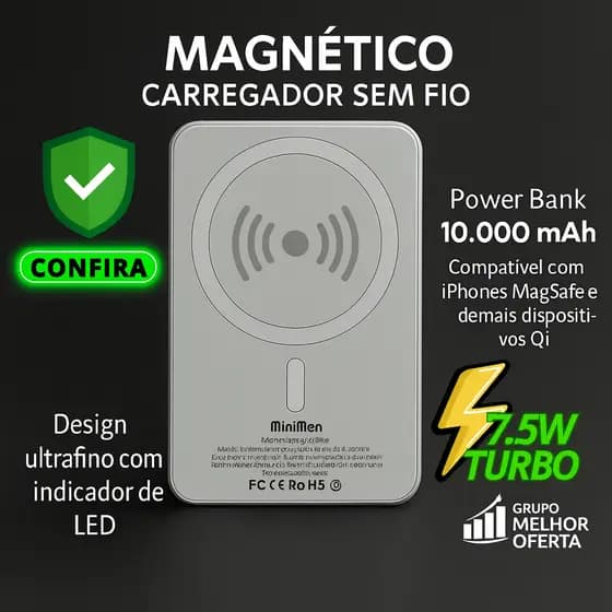 Power Bank magnético Indução 10.000 mAh 7.5W Original homologado Anatel Carregamento Sem Fio Rápido