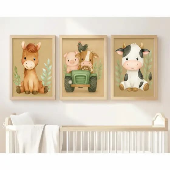 Quadros Decorativos Para Quarto Infantil Bebe Fazendinha Cavalo Decoração Enxoval Agro Baby Moldura