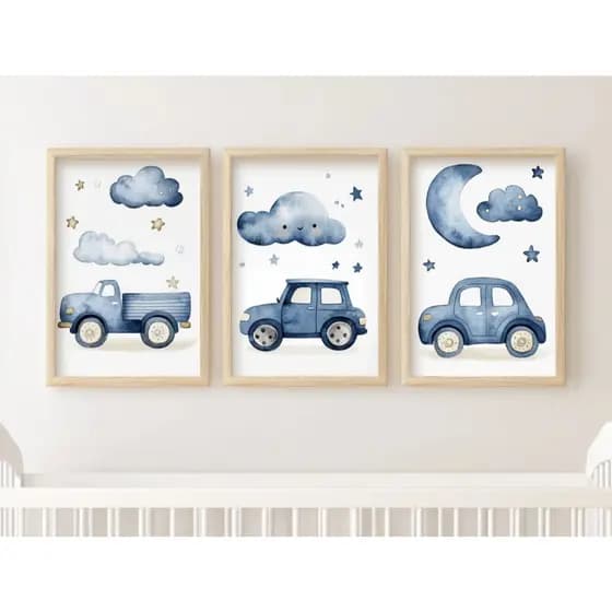 Kit 3 Quadros Decorativos Placas Quarto Infantil Carrinhos Azuis