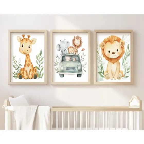 Quadro Decorativo Infantil Safari Para Quarto De Bebe Menino Criança Brinquedoteca Animais 20x30 Moldura