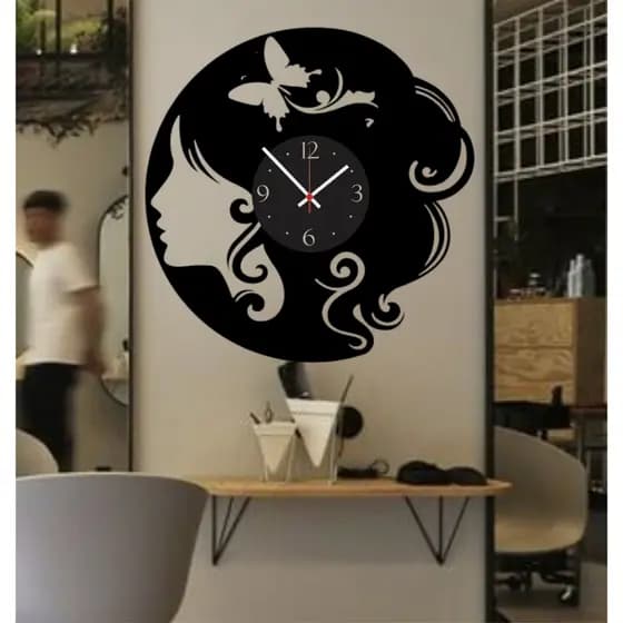 Relógio de Parede Salão de Beleza Decoração Parede Quadro Decorativo Aplique Relógio Feminino Mulher Retrô Disco Grande Madeira