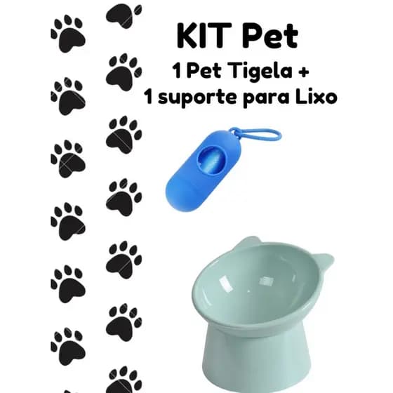 KIT Pet Tigela e Suporte para Lixo Cães e Gatos Comedouro/Bebedouro/Suporte Lixo