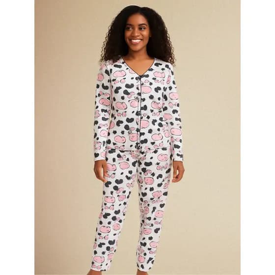 Pijama Longo Americano Comprido de Botão Amamentação Pós Parto