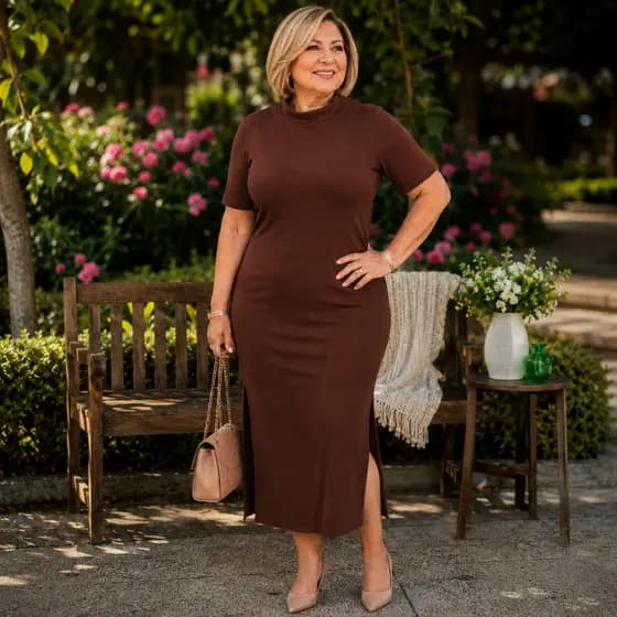 Vestido Plus Size Midi Canelado Manga Curta Feminino