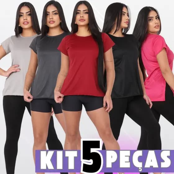Kit 5 Blusas Camisa Feminina Fitness Academia Dry Fit Camisetas Musculação Treino Tapa Bum Bum