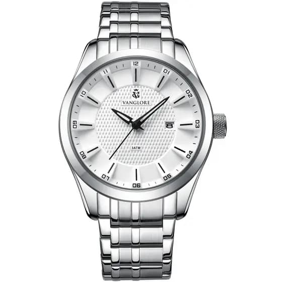 Relógio Masculino Prata Aço Inox Mostrador Branco Grande 44mm Vanglore Nexus