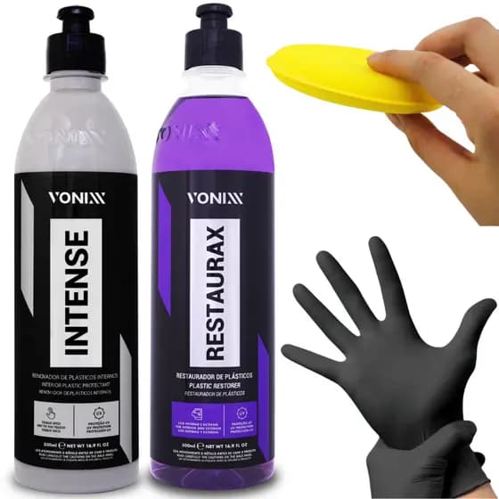 Kit Limpeza Automotiva Vonixx Restaurax Intense 500ml Revitalizador Plástico Painel Carro Moto Proteção UV