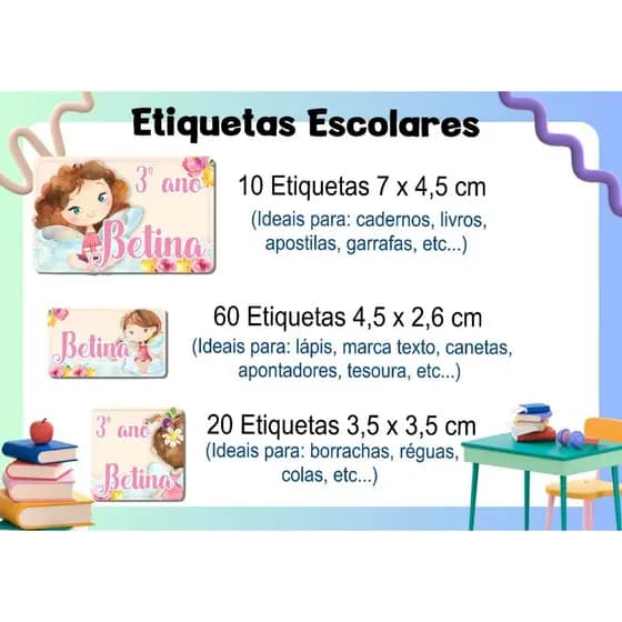 ETIQUETA ESCOLAR ADESIVA - FADA 2 - CADERNOS, LÁPIS, CANETAS, APONTADORES, LIVROS, RÉGUAS, MARCADOR