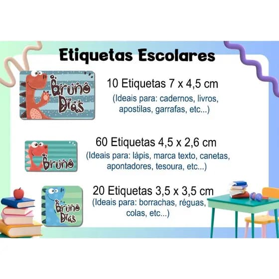 ETIQUETA ESCOLAR ADESIVA - DINO BABY - CADERNOS, LÁPIS, CANETAS, APONTADOR, LIVROS, RÉGUA, MARCADOR