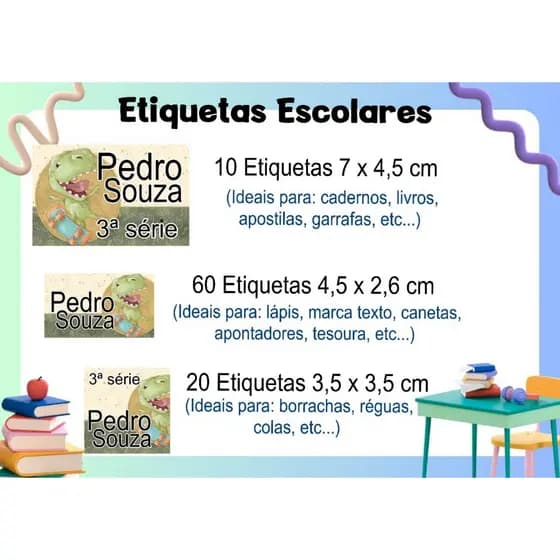 ETIQUETA ESCOLAR ADESIVA - DINOSSAURO 3 - CADERNO, LÁPIS, CANETAS, APONTADOR, LIVROS, RÉGUAS, COLAS