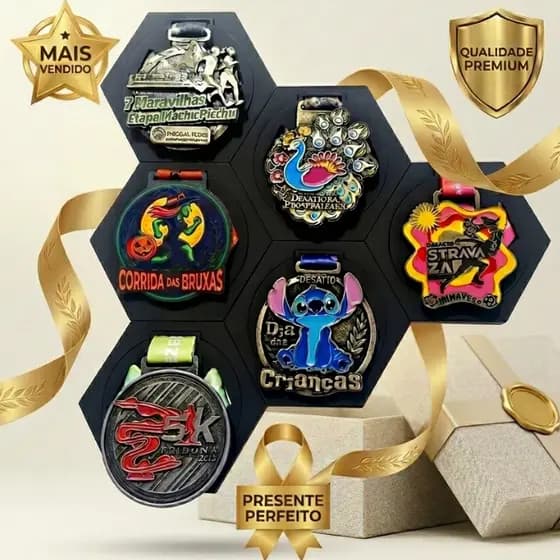 Kit Porta Medalhas MDF Parede Hexagonal Colméia com Variação de Cores Bike Corrida Futebol Decor