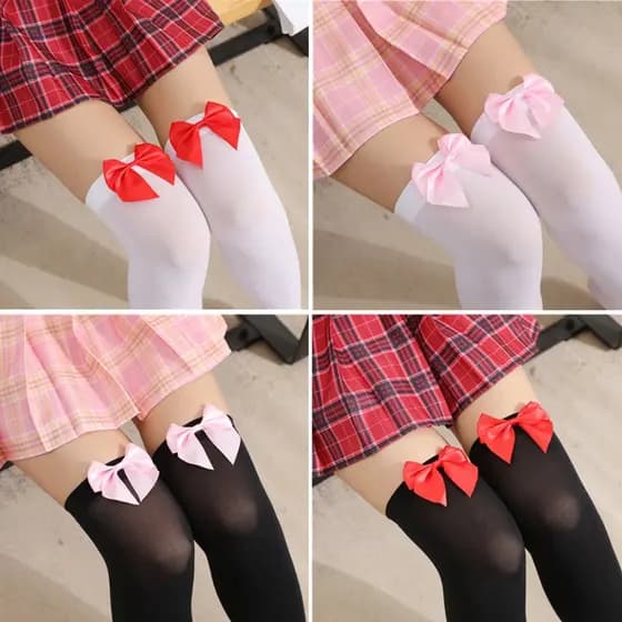 Meia 7/8 Longa c/ Laço Coquette Aesthetic Egirl Anime Lolita Colegial Cosplay