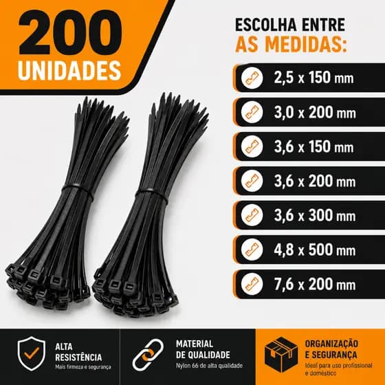 200 Unidades Abraçadeira Presilha Enforca Gato Cinta Plástica Lacre Nylon - Escolha As Medidas