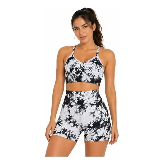 Conjunto Fitness Marmorizado Feminino com Shorts e Cropped sem Bojo