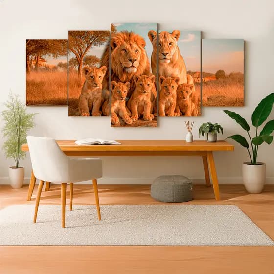 Quadro Decorativo Família De Leões Savana África Mdf 115x60