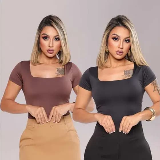 Kit 2 Blusas Femininas Suplex Decote Quadrado Manga Curta Forro Duplo Baby Tee Basica Blusinhas