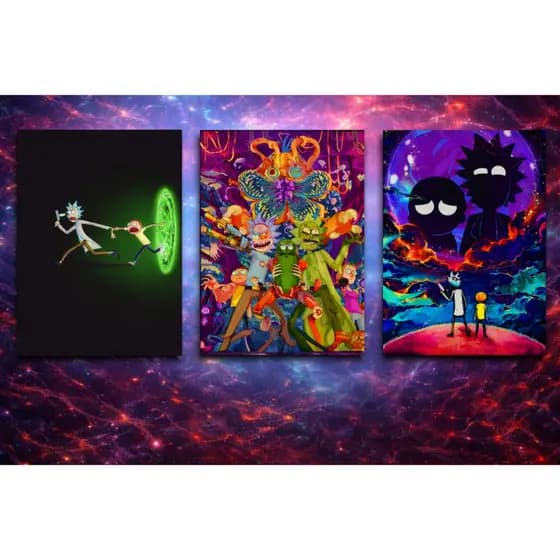 Quadros Rick and Morty Kit 3 MDF 21x15 Decorativo Geek Quarto Sala Gamer