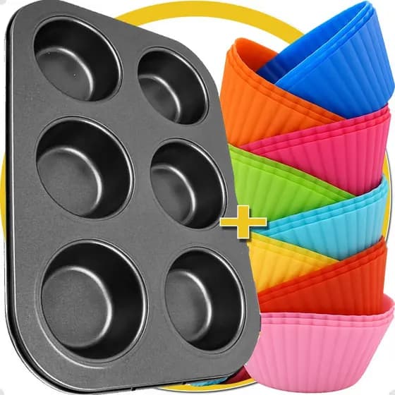 Jogo 12 Formas Forma Silicone + Forma Cupcake 6 Cavidades Teflon Cupcake Pão De Queijo Bpa-free