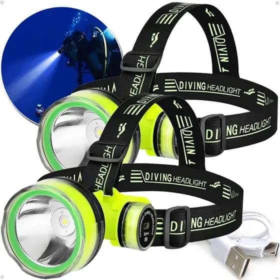 Kit 2 Lanternas Cabeça para Mergulho Pesca Led Cree Bateria Recarregável Via USB 30m
