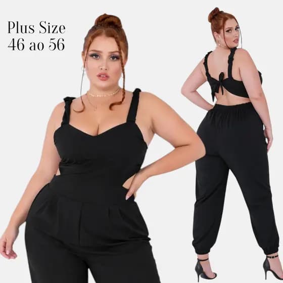 Macacão Plus Size Feminino Soltinho Jogger Macacao Costa Nua Decote Tecido Crepe G1 G2 G3