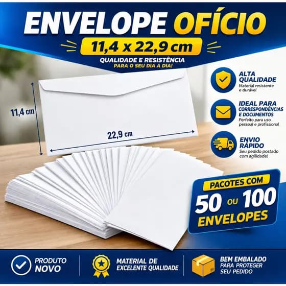 Envelope Branco Ofício 11,4x22,9cm Para Correspondências e Documentos Pacote 50 ou 100