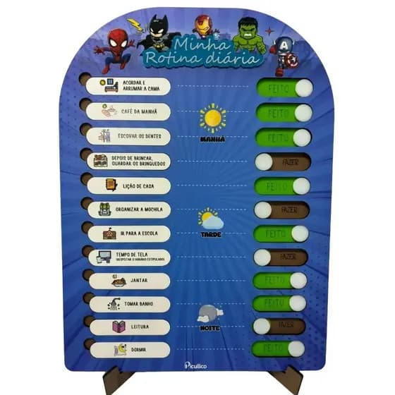 Quadro de Rotina Infantil MDF Montessori Educativo Rotina Diária Tarefas Suporte Mesa 12 Rotinas Tema Heróis Picullico
