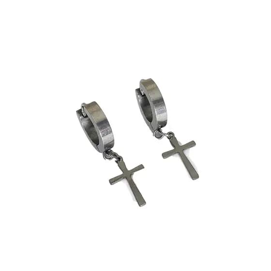 Brinco Masculino Feminino Cruz Crucifixo Aço Prateado