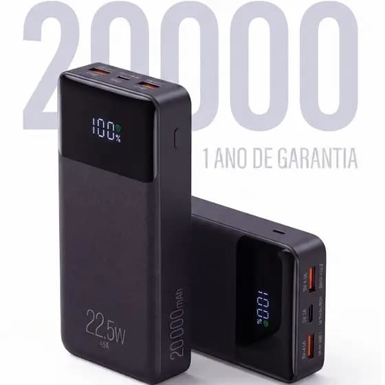 Power Bank Carregador Portátil Pro 20000mAH ELG PB200BK, Bateria Portátil Universal, Carga Rápida, Display Indicador
