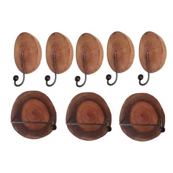 Kit de banheiro 8 peças rústico madeira cabide com gancho porta toalha shampoo saboneteira papel papeleira acessórios