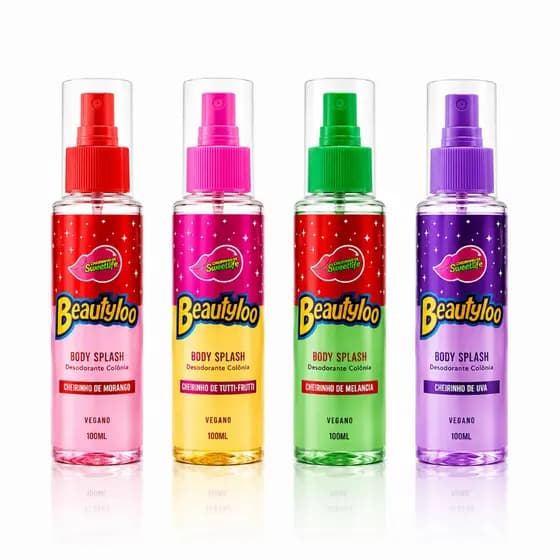 Kit 4 Body Splash Vegano Cheirinho de Chiclete para festa das cores Beautyloo Face Beautiful 100ml