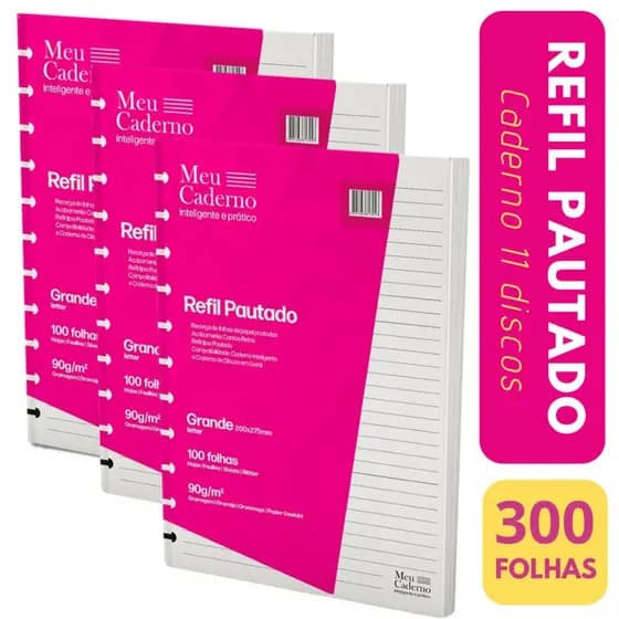 KIT 3 Refil Compativel Caderno Inteligente Grande 200x275mm Refil Caderno de 11 Discos Furos 300fls