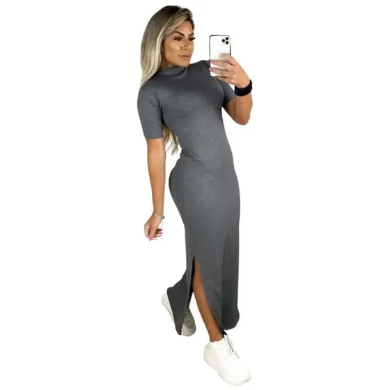 Vestido Longo Feminino Com Fenda Moda Evangélica Gola Alta