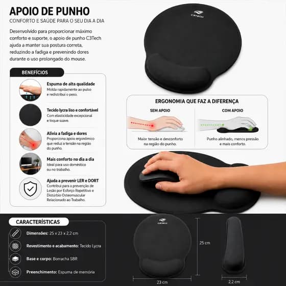 MousePad Ergonomico Com Apoio de Pulso Punho Acolchoado C3tech Mp100 Grande 250 x 230mm Preto