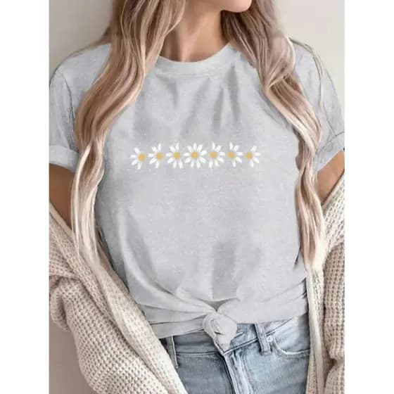 Camiseta Feminina Floral Margaridinhas Blusa Academia Estilo Over Estampada 100% algodão